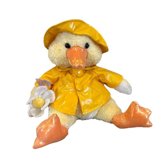 Commomwealth 2002 Yellow Duck Plush Stuffed Animal 16" Raincoat w/ Flower Used - Picture 1 of 10